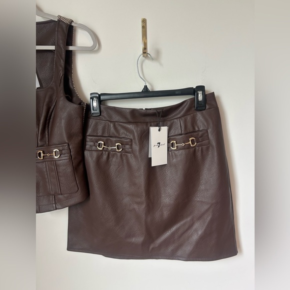 Viral Pleather Brown Plaid Vest and mini Leather Skirt matching set - Picture 3 of 5